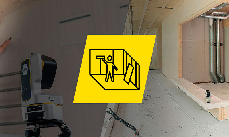 Leica iCON trades software for Interior Finishing on a black Leica iCON tablet computer in front of an insulated timber roof construction site.